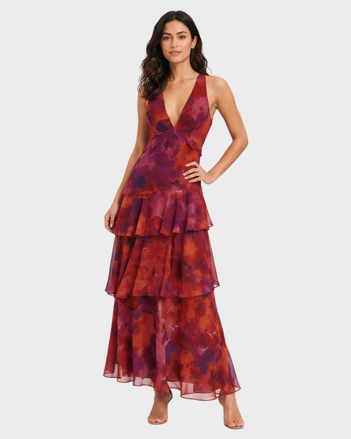 Bella Abito Donna Lungo Elegante – Vestito Fluido con Scollo a V e Gonna a Strati