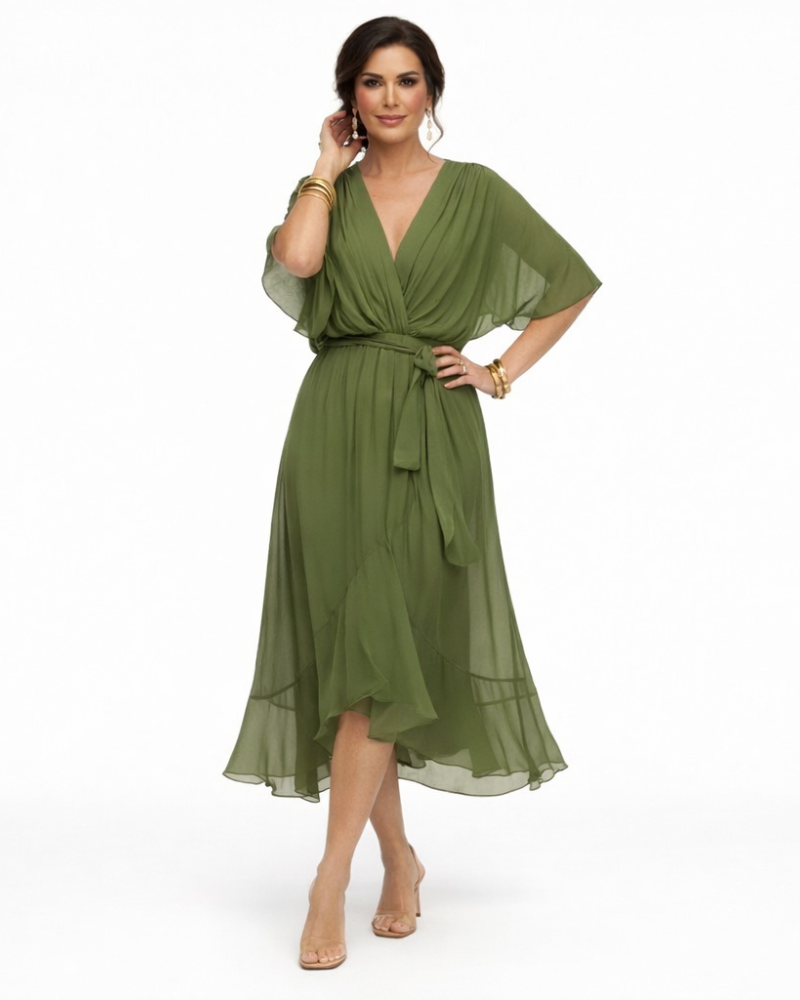 Stella Abito Donna Midi Elegante – Vestito con Scollo a V e Vita Regolabile Fluido