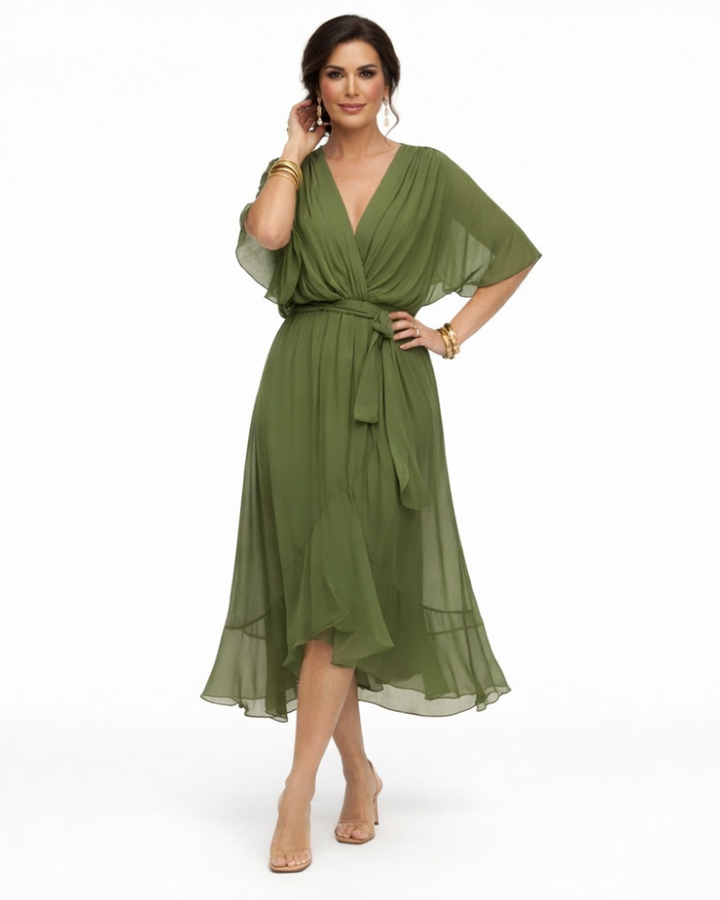 Stella Abito Donna Midi Elegante – Vestito con Scollo a V e Vita Regolabile Fluido