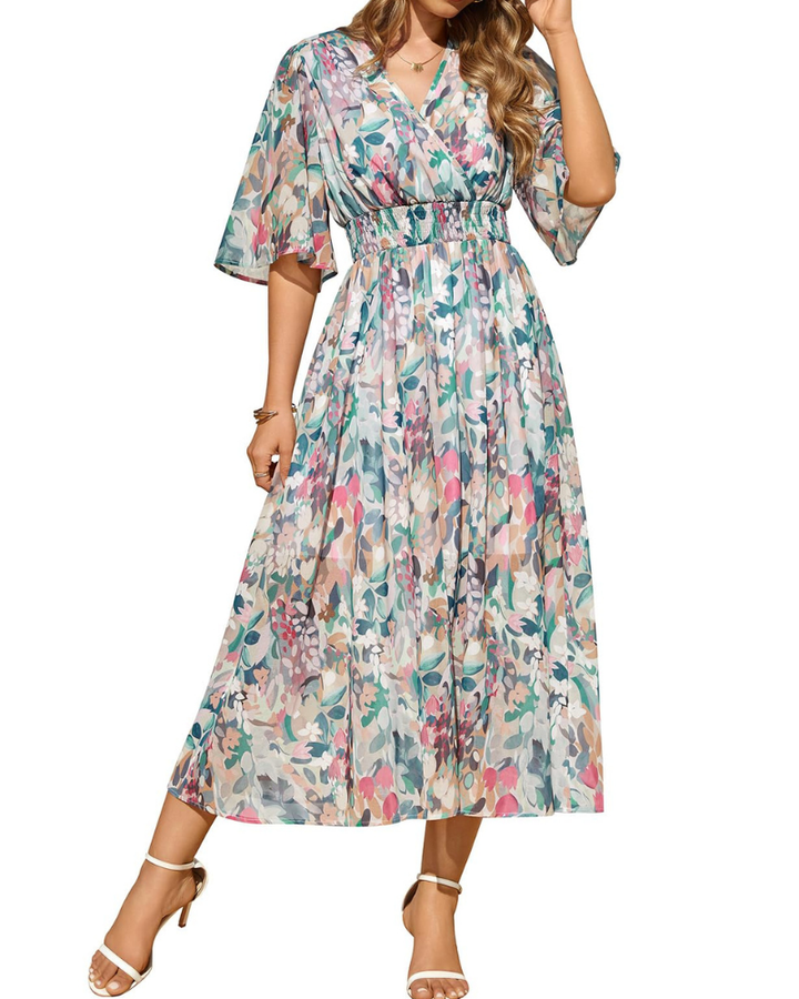 Aurora Maxi šaty pro ženy – Boho květinové, výstřih do V a elegantní elastický pas