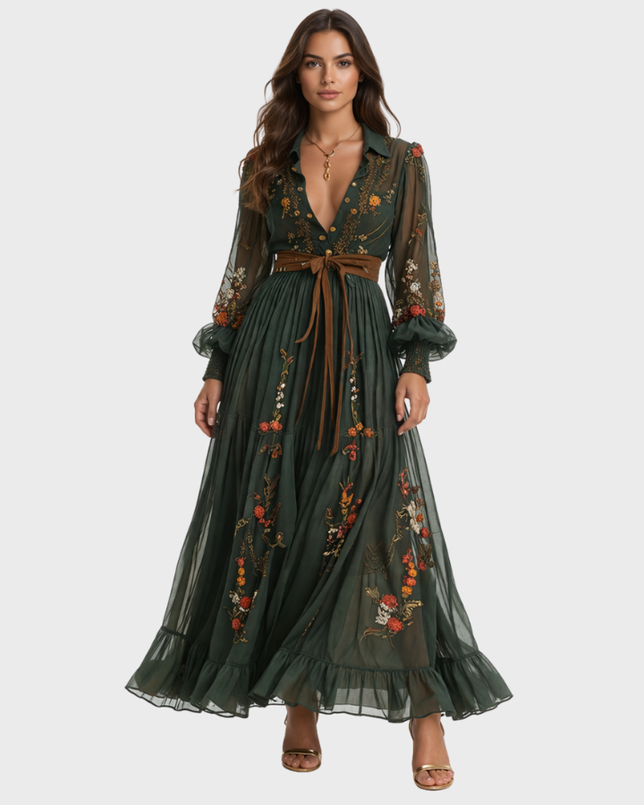 Isabellina Damenkleid Maxi Boho Elegant – Kleid mit V-Ausschnitt und fließenden Volants