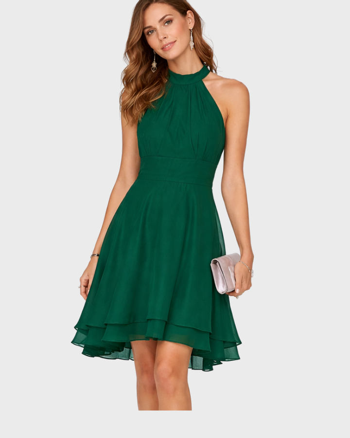 Candy Damen Mini-Halterkleid Elegant – A-Linien-Kleid mit Volants und High-Low-Saum