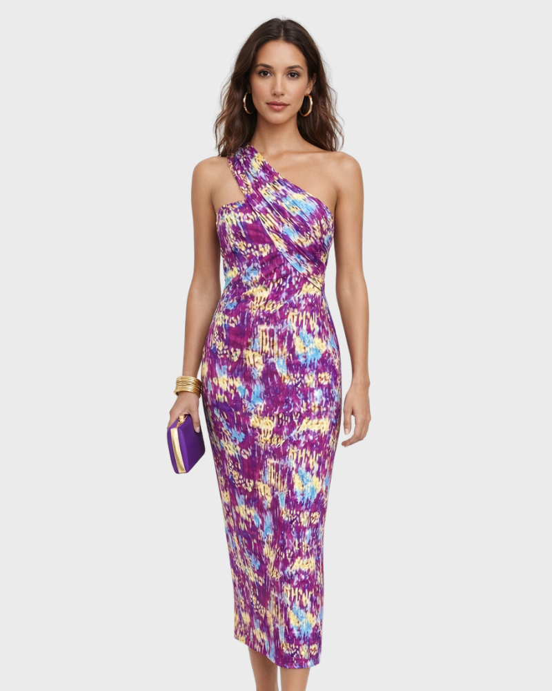 Andrea Abito Donna Midi Monospalla – Vestito Elegante Estivo Fluido Asimmetrico