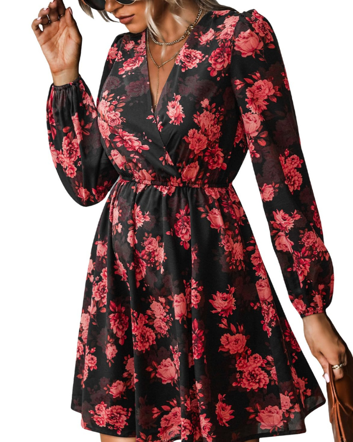 Rona Vestito Mini Dame – Blomsterchiffon, Lange Ærmer & Elegant A-Linje