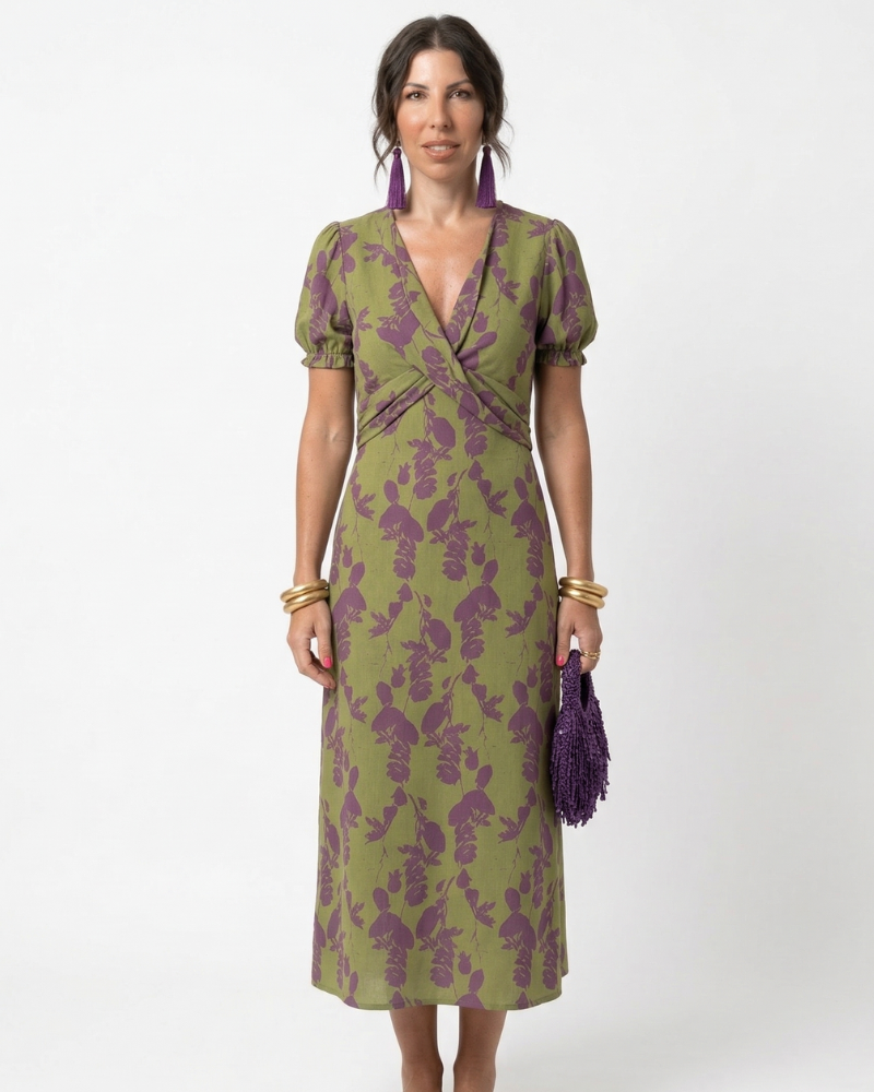 Mira Damen Midi Kleid Floral Elegant – Kleid mit V-Ausschnitt und Slim Fit
