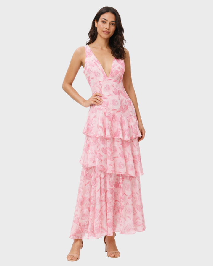 Bella Abito Donna Lungo Elegante – Vestito Fluido con Scollo a V e Gonna a Strati