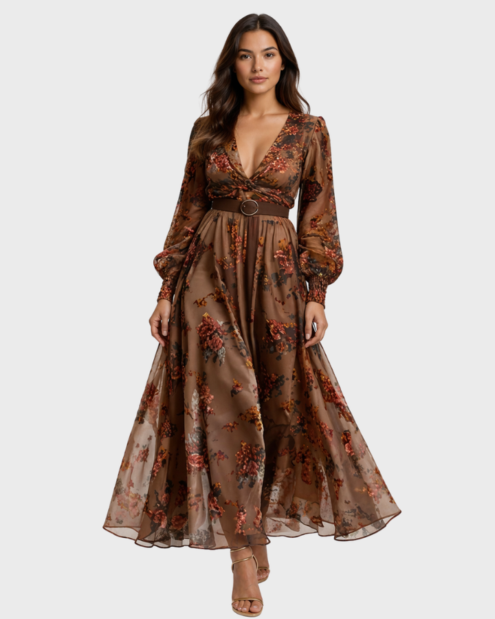 Isabellina Damenkleid Maxi Boho Elegant – Kleid mit V-Ausschnitt und fließenden Volants