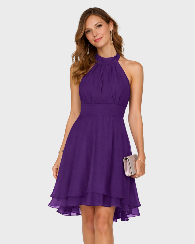 Candy Damen Mini-Halterkleid Elegant – A-Linien-Kleid mit Volants und High-Low-Saum