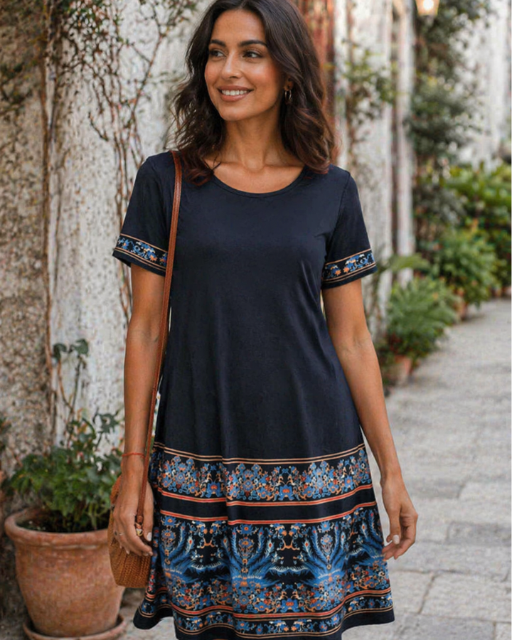 Merena Sukienka Letnia Damska – Kwiatowy T-shirt, Krótkie Rękawy i Casualowa Sukienka z Kieszeniami