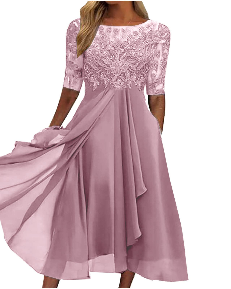 Aurora Vestito Maxi Donna – Pizzo & Chiffon Elegante, Mezze Maniche & Taglio Asimmetrico
