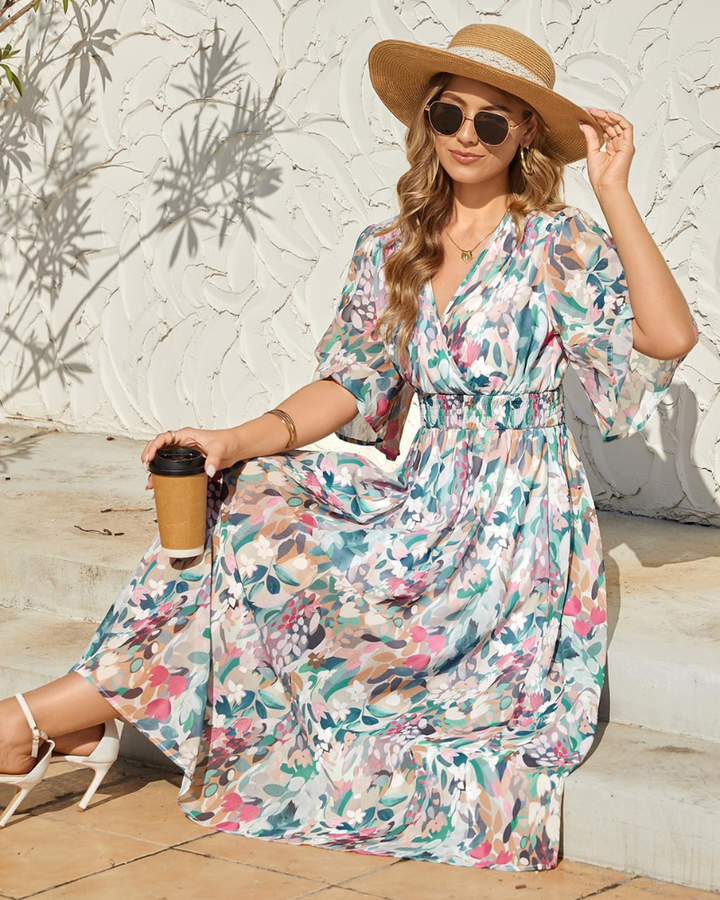 Aurora Maxi šaty pro ženy – Boho květinové, výstřih do V a elegantní elastický pas