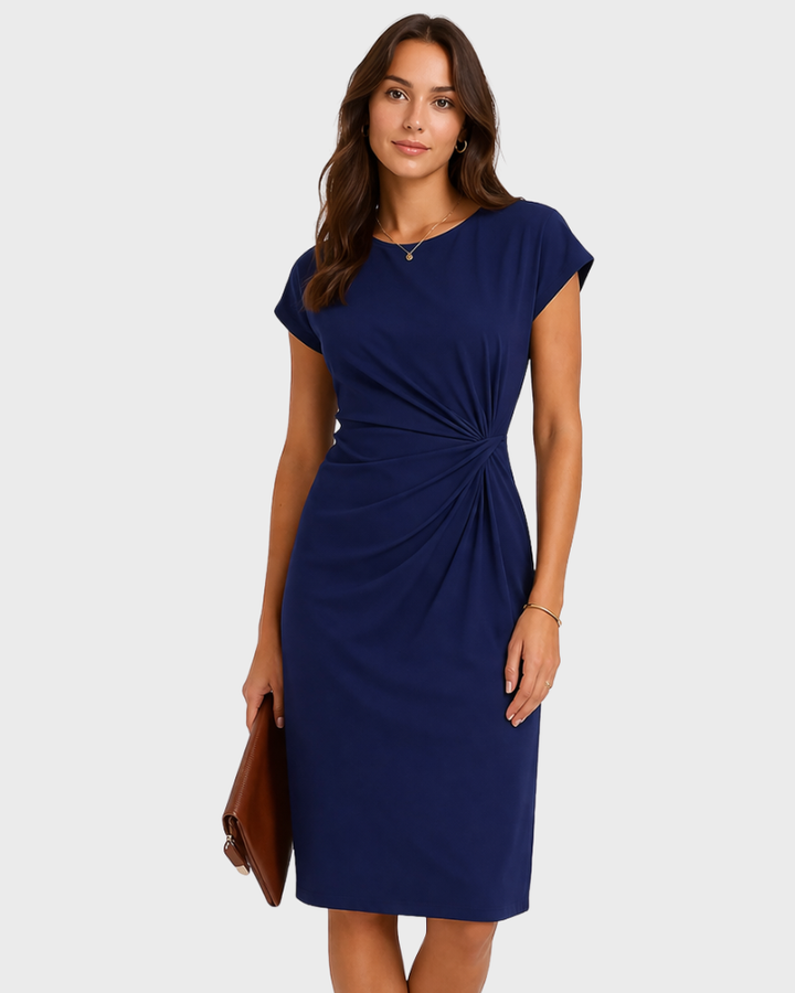 Dana Rochie Damă Elegantă Midi – Rochie cu Guler Rotund, Talie Evidențiată și Drapaj Lateral