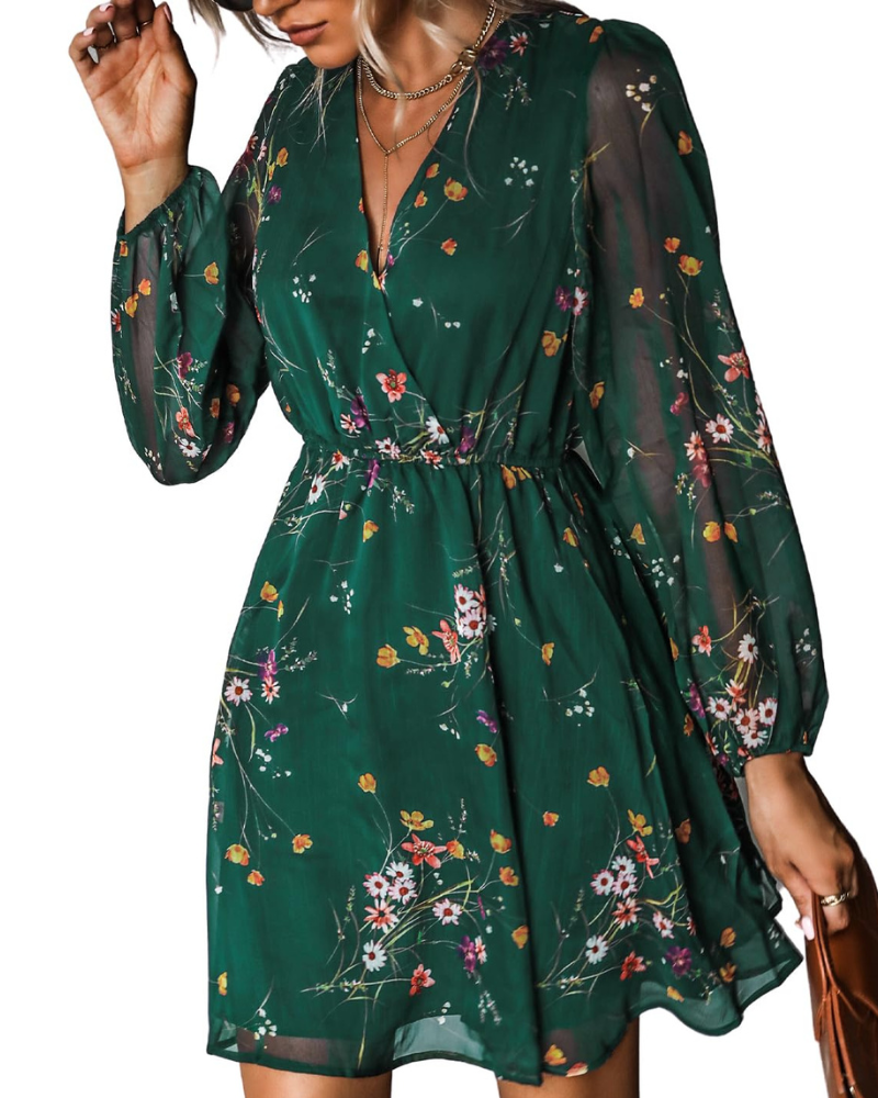 Rona Vestito Mini Dame – Blomsterchiffon, Lange Ærmer & Elegant A-Linje