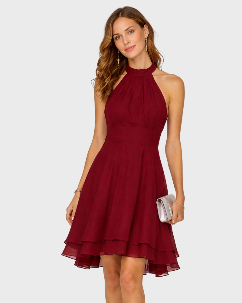 Candy Damen Mini-Halterkleid Elegant – A-Linien-Kleid mit Volants und High-Low-Saum