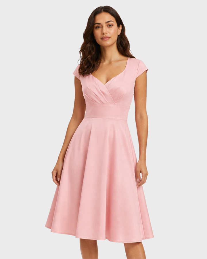 Ellie Dámské Midi Elegantní Šaty – Růžové Šaty s Výstřihem do V ve Vintage Stylu