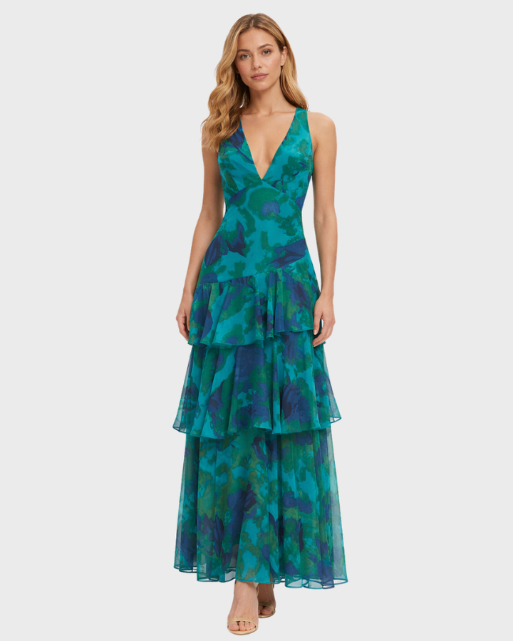 Bella Abito Donna Lungo Elegante – Vestito Fluido con Scollo a V e Gonna a Strati