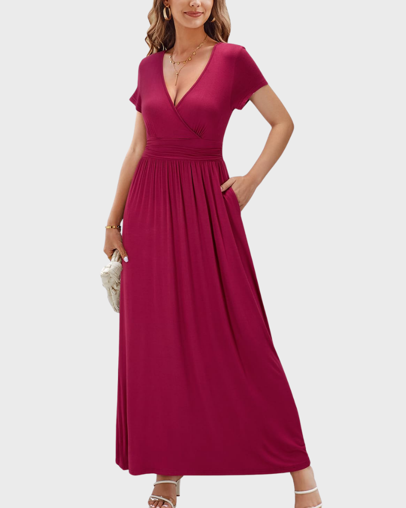 Alessia Maxikleid Damen – V-Ausschnitt, Wickeloptik mit Blumenmuster & Elegante Freizeittaschen
