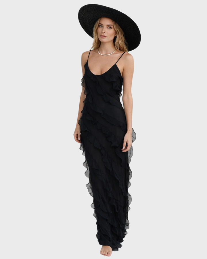 Katherine Abito Donna Lungo Elegante – Vestito con Volant Asimmetrici e Spalline Sottili