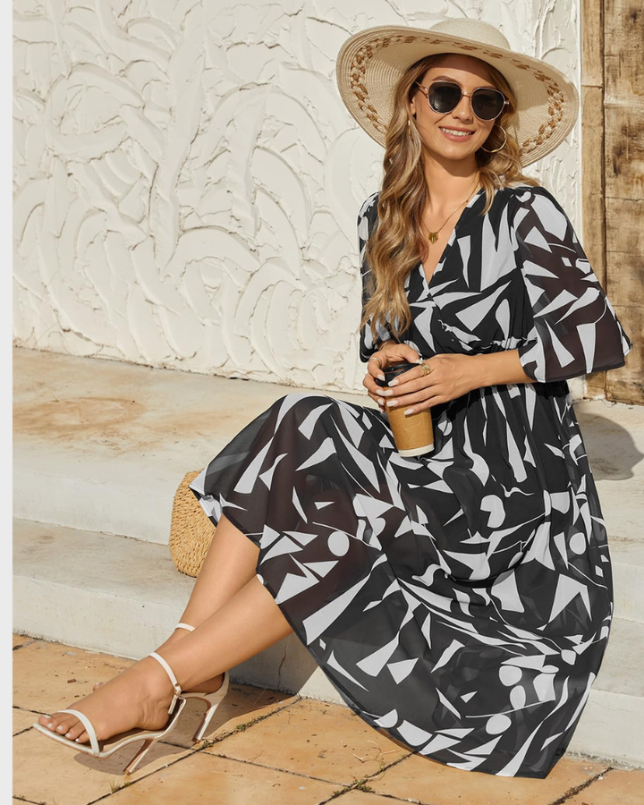 Aurora Maxi šaty pro ženy – Boho květinové, výstřih do V a elegantní elastický pas