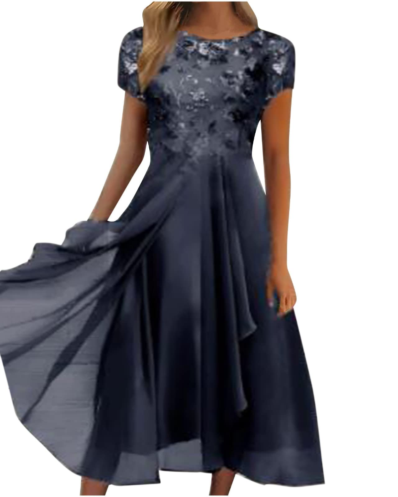 Aurora Vestito Maxi Donna – Pizzo & Chiffon Elegante, Mezze Maniche & Taglio Asimmetrico