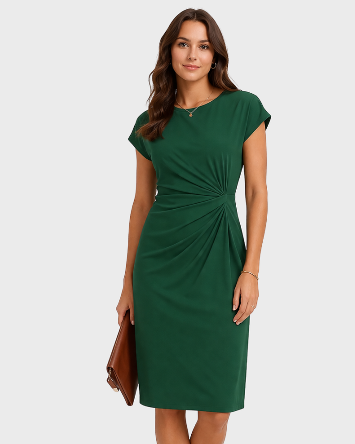 Dana Rochie Damă Elegantă Midi – Rochie cu Guler Rotund, Talie Evidențiată și Drapaj Lateral