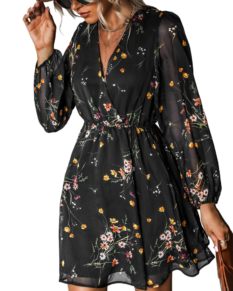 Rona Vestito Mini Dame – Blomsterchiffon, Lange Ærmer & Elegant A-Linje
