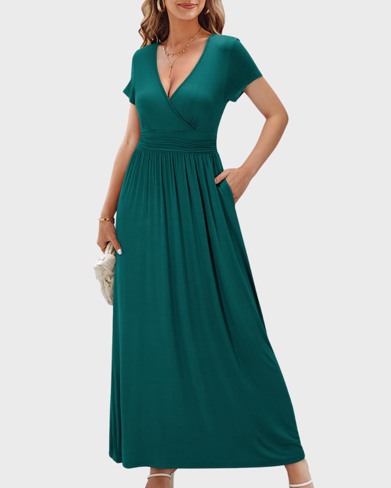 Alessia Maxikleid Damen – V-Ausschnitt, Wickeloptik mit Blumenmuster & Elegante Freizeittaschen