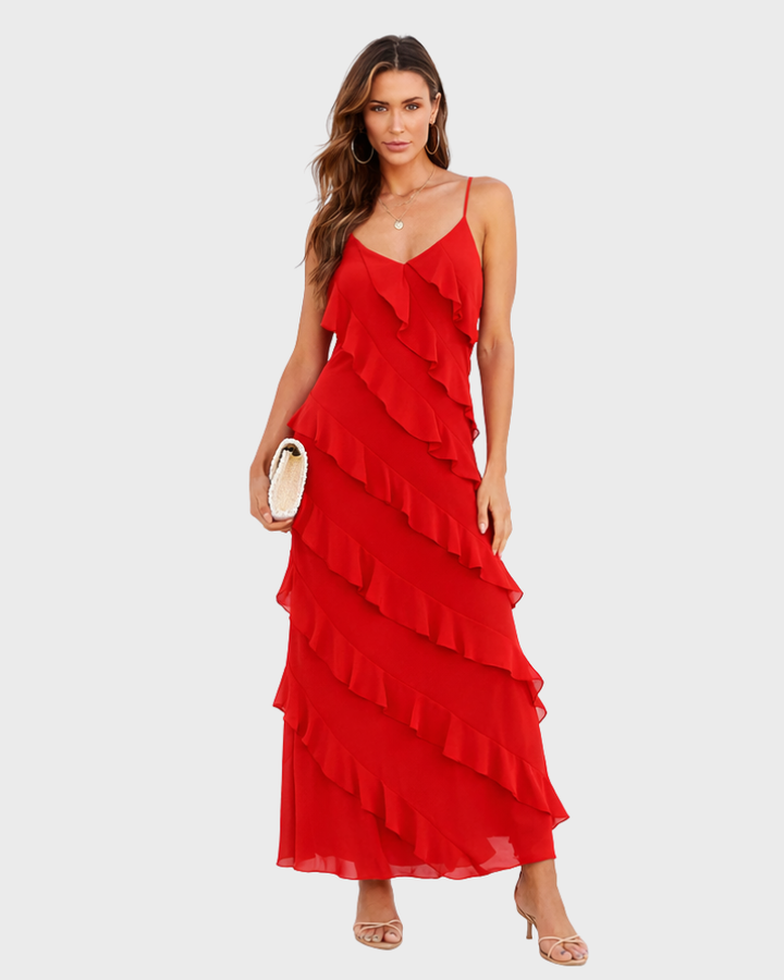 Katherine Abito Donna Lungo Elegante – Vestito con Volant Asimmetrici e Spalline Sottili