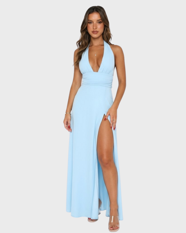 Angel Robe Femme Maxi Élégante – Robe Dos Nu avec Décolleté Plongeant et Fente Haute