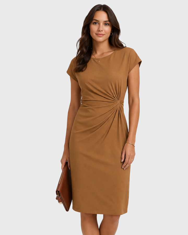 Dana Rochie Damă Elegantă Midi – Rochie cu Guler Rotund, Talie Evidențiată și Drapaj Lateral