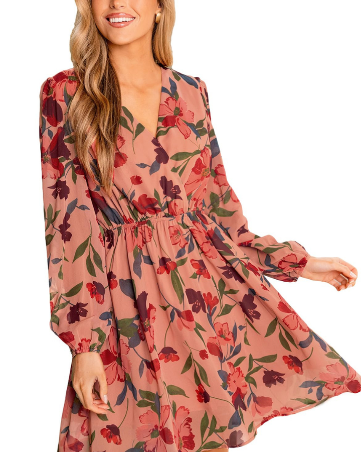 Rona Vestito Mini Dame – Blomsterchiffon, Lange Ærmer & Elegant A-Linje
