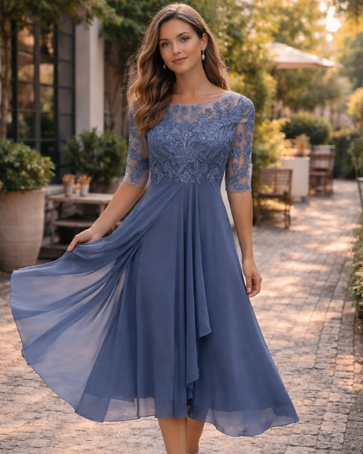 Aurora Vestito Maxi Donna – Pizzo & Chiffon Elegante, Mezze Maniche & Taglio Asimmetrico