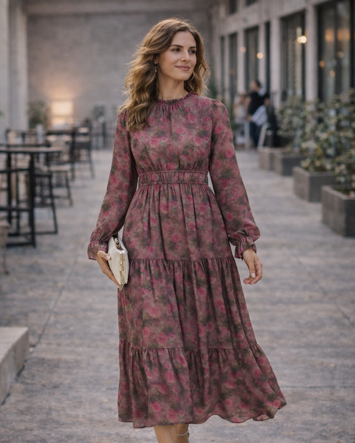 Briseis Damen Maxikleid – Floraler Chiffon, Lange Ärmel & Elegante A-Linie