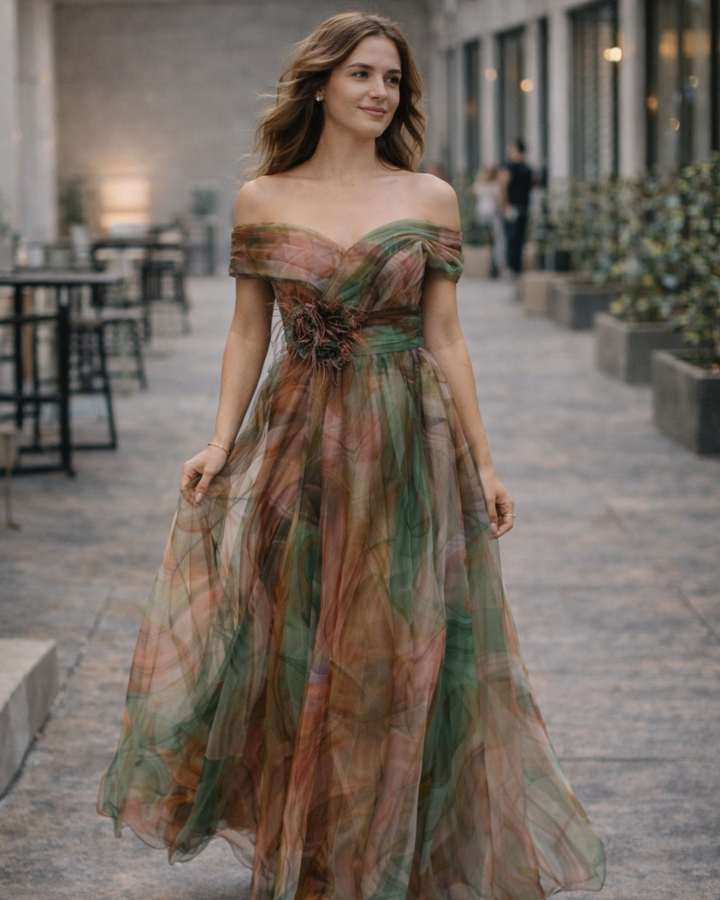 Evania Abito Elegante Donna – Spalle Scoperte, Tulle A-Line & Spacco Maxi da Sera