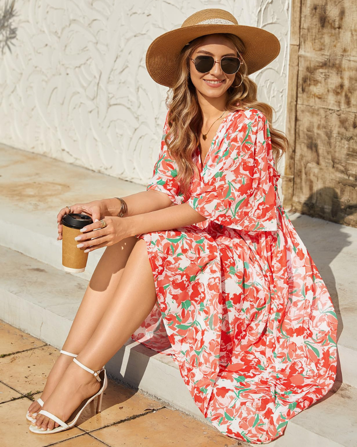 Aurora Maxi šaty pro ženy – Boho květinové, výstřih do V a elegantní elastický pas