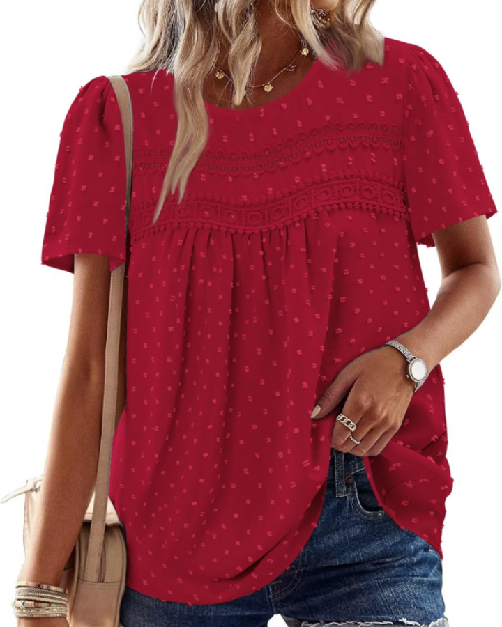 Arlina Dámská Elegantní Halenka – Letní Boho Top, Krátké Rukávy, Krajka, Plisé, Kulatý Výstřih
