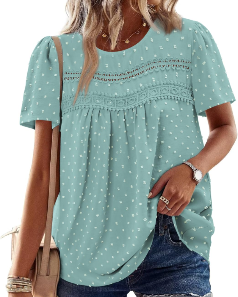 Arlina Dámská Elegantní Halenka – Letní Boho Top, Krátké Rukávy, Krajka, Plisé, Kulatý Výstřih