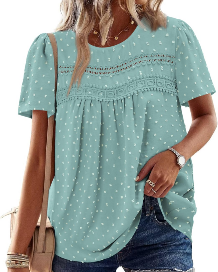 Arlina Dámská Elegantní Halenka – Letní Boho Top, Krátké Rukávy, Krajka, Plisé, Kulatý Výstřih