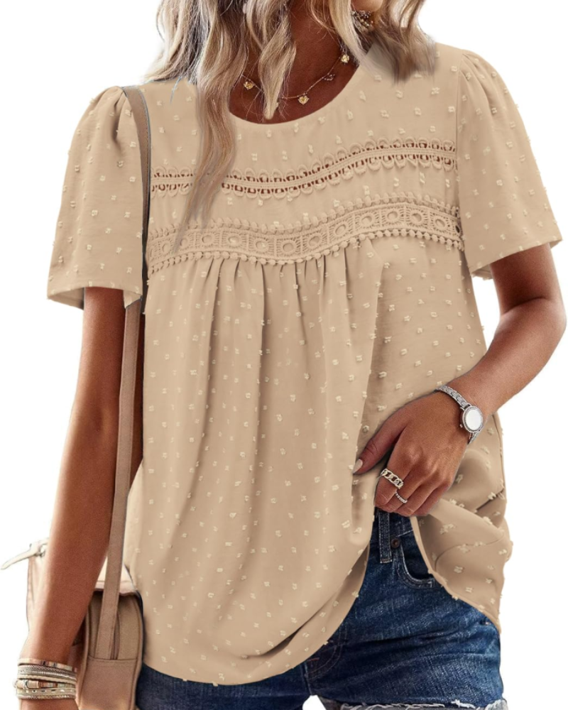 Arlina Dámská Elegantní Halenka – Letní Boho Top, Krátké Rukávy, Krajka, Plisé, Kulatý Výstřih