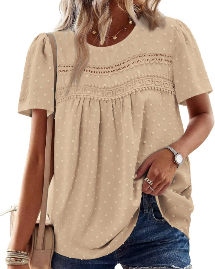 Arlina Dámská Elegantní Halenka – Letní Boho Top, Krátké Rukávy, Krajka, Plisé, Kulatý Výstřih