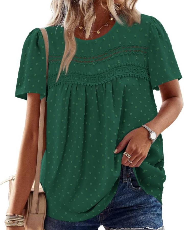 Arlina Dámská Elegantní Halenka – Letní Boho Top, Krátké Rukávy, Krajka, Plisé, Kulatý Výstřih
