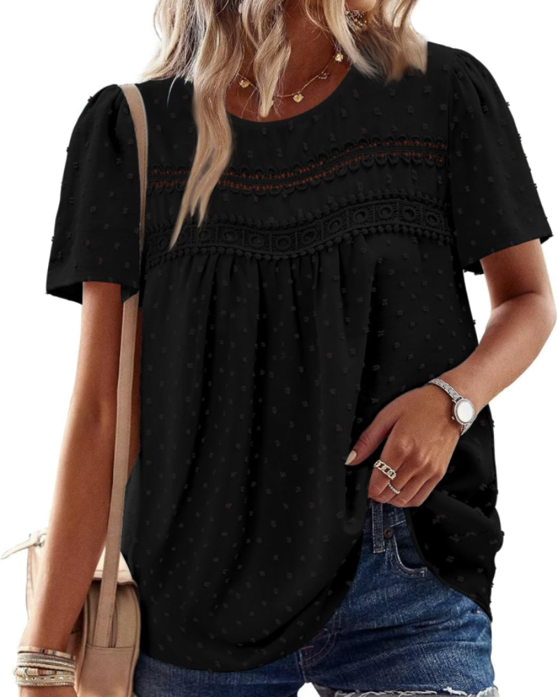 Arlina Dámská Elegantní Halenka – Letní Boho Top, Krátké Rukávy, Krajka, Plisé, Kulatý Výstřih
