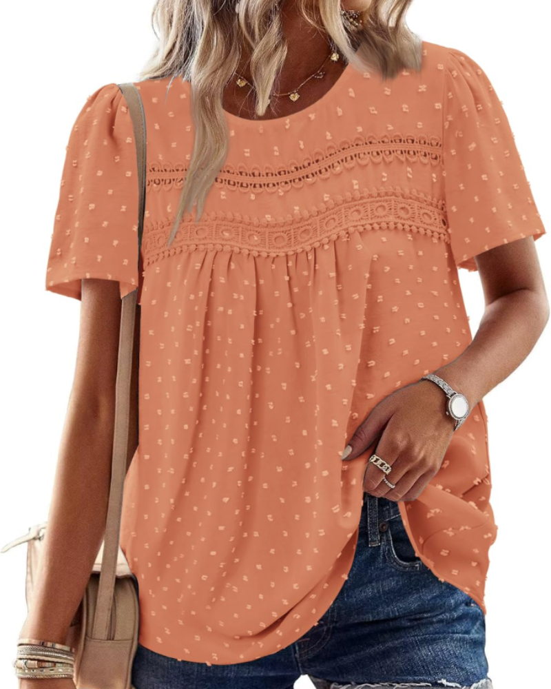 Arlina Dámská Elegantní Halenka – Letní Boho Top, Krátké Rukávy, Krajka, Plisé, Kulatý Výstřih