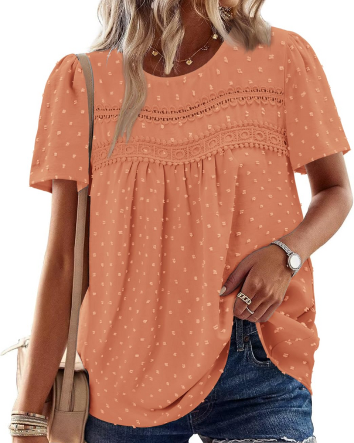 Arlina Dámská Elegantní Halenka – Letní Boho Top, Krátké Rukávy, Krajka, Plisé, Kulatý Výstřih