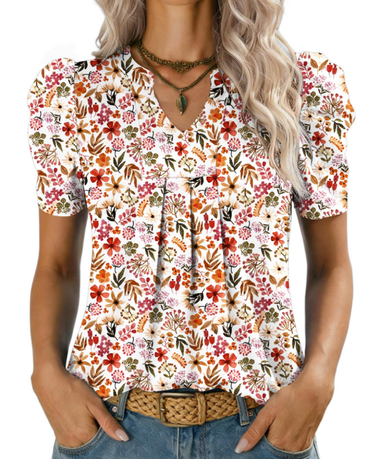 Zivelie Blouse Femme Élégante – Top Estival Col V, Manches Courtes Bouffantes, Décontracté Chic