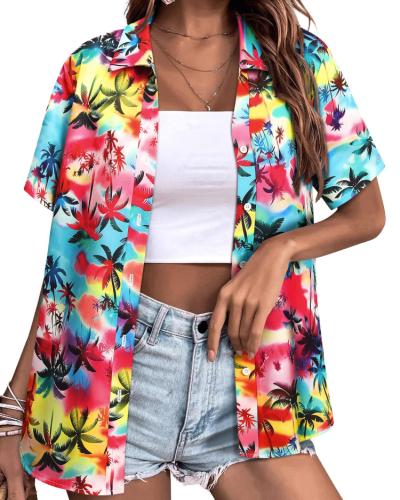 Sloane Damenbluse Hawaii – Sommerliches Blumen-Top, V-Ausschnitt, Kurzärmlig, Lässig