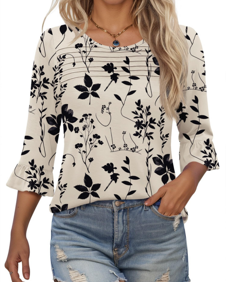 Briar Blusa Donna Elegante – Tunica Estiva Maniche 3/4, Plissé, Girocollo, Casual Chic