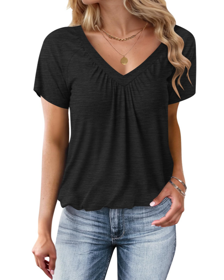 Zuri T-Shirt Donna Oversize – Letni top z dekoltem w serek, plisowany, z balonowym dołem, casual chic