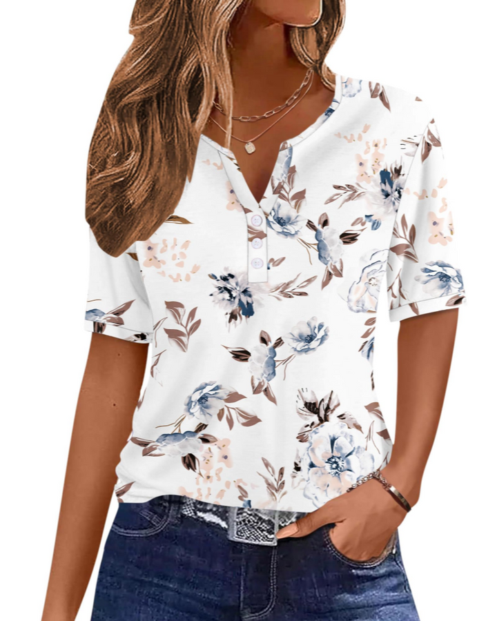 Wren T-Shirt Donna Elegante – Top Estivo Scollo V Henley, Bottoni, Maniche Corte