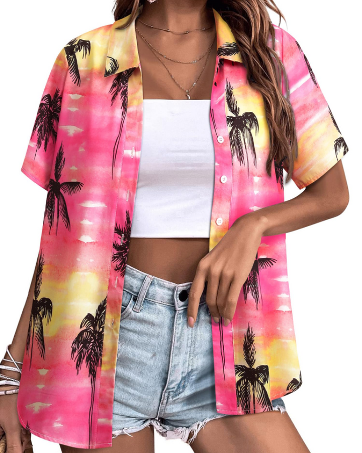 Sloane Damenbluse Hawaii – Sommerliches Blumen-Top, V-Ausschnitt, Kurzärmlig, Lässig